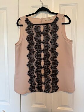 LOFT Blush Sleeveless Shell with Black Lace Panel